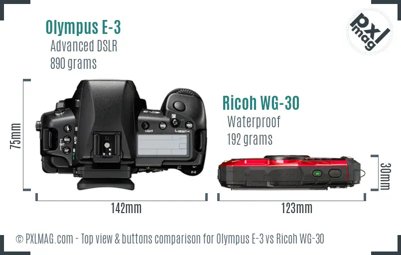 Olympus E-3 vs Ricoh WG-30 top view buttons comparison