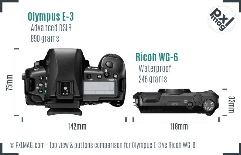 Olympus E-3 vs Ricoh WG-6 top view buttons comparison Olympus E-3 vs Ricoh WG-6 top view buttons comparison