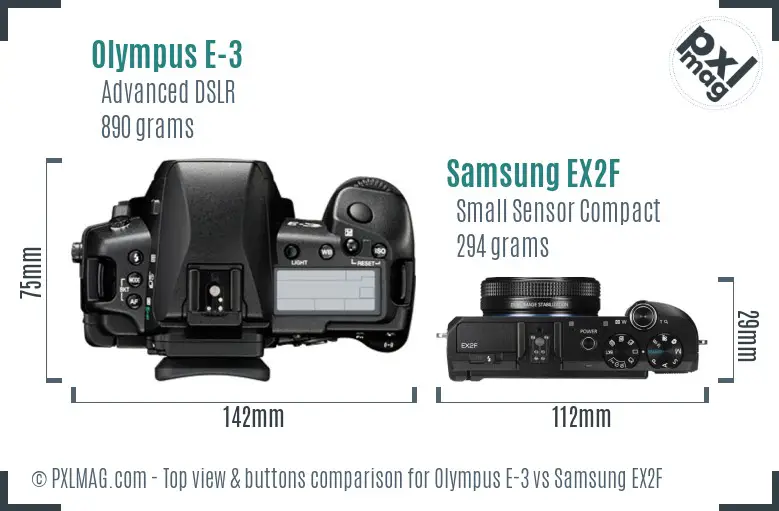 Olympus E-3 vs Samsung EX2F top view buttons comparison