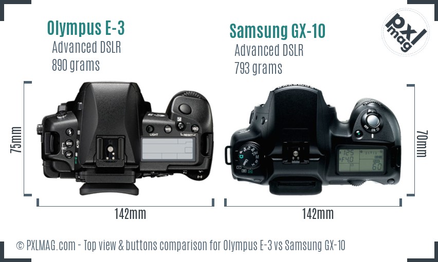 Olympus E-3 vs Samsung GX-10 top view buttons comparison