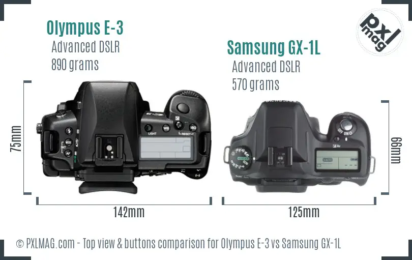 Olympus E-3 vs Samsung GX-1L top view buttons comparison