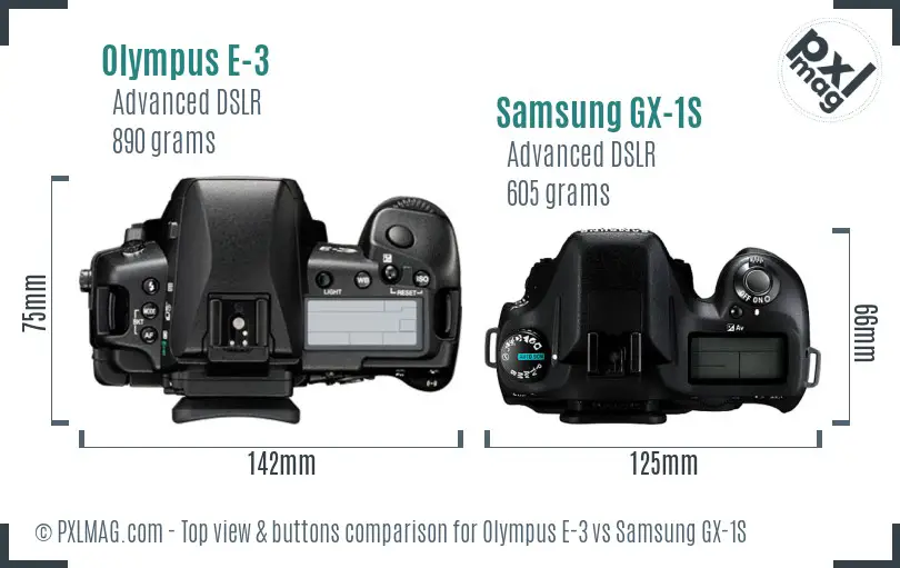 Olympus E-3 vs Samsung GX-1S top view buttons comparison