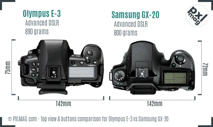 Olympus E-3 vs Samsung GX-20 top view buttons comparison