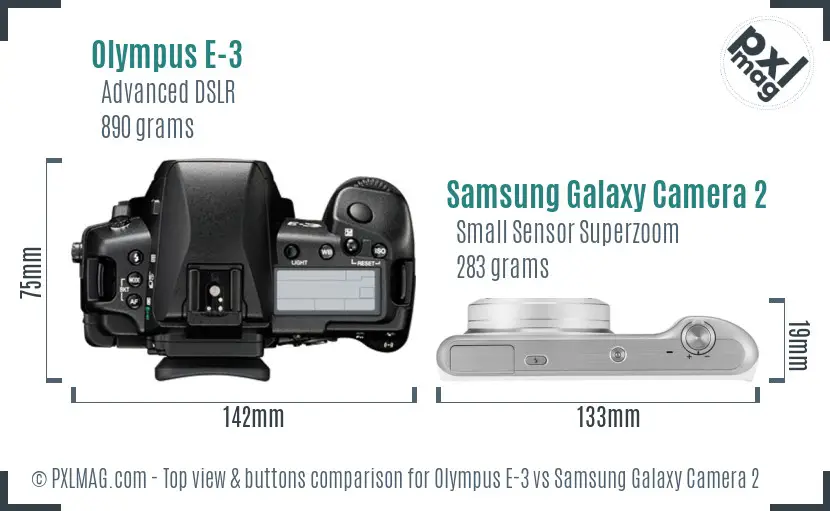 Olympus E-3 vs Samsung Galaxy Camera 2 top view buttons comparison