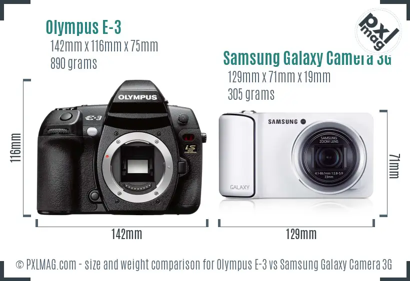 Olympus E-3 vs Samsung Galaxy Camera 3G size comparison