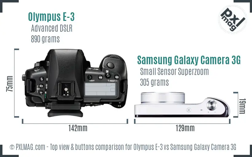 Olympus E-3 vs Samsung Galaxy Camera 3G top view buttons comparison
