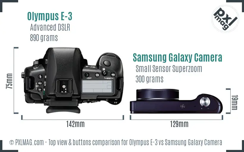 Olympus E-3 vs Samsung Galaxy Camera top view buttons comparison