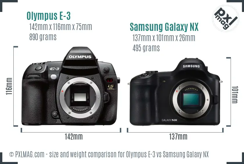 Olympus E-3 vs Samsung Galaxy NX size comparison