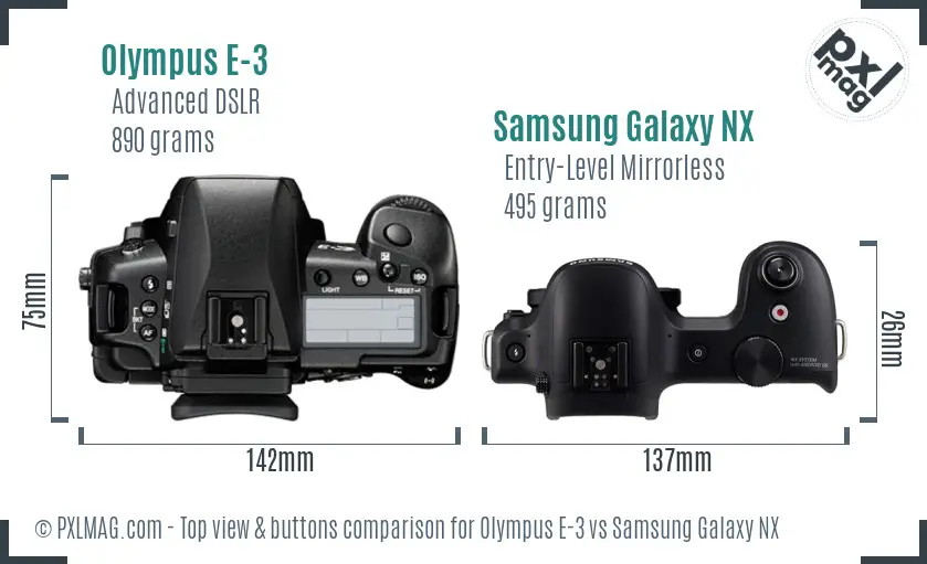 Olympus E-3 vs Samsung Galaxy NX top view buttons comparison