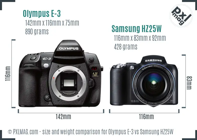 Olympus E-3 vs Samsung HZ25W size comparison Olympus E-3 vs Samsung HZ25W size comparison