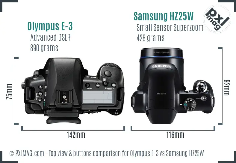 Olympus E-3 vs Samsung HZ25W top view buttons comparison Olympus E-3 vs Samsung HZ25W top view buttons comparison