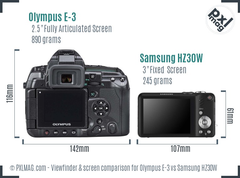 Olympus E-3 vs Samsung HZ30W Screen and Viewfinder comparison