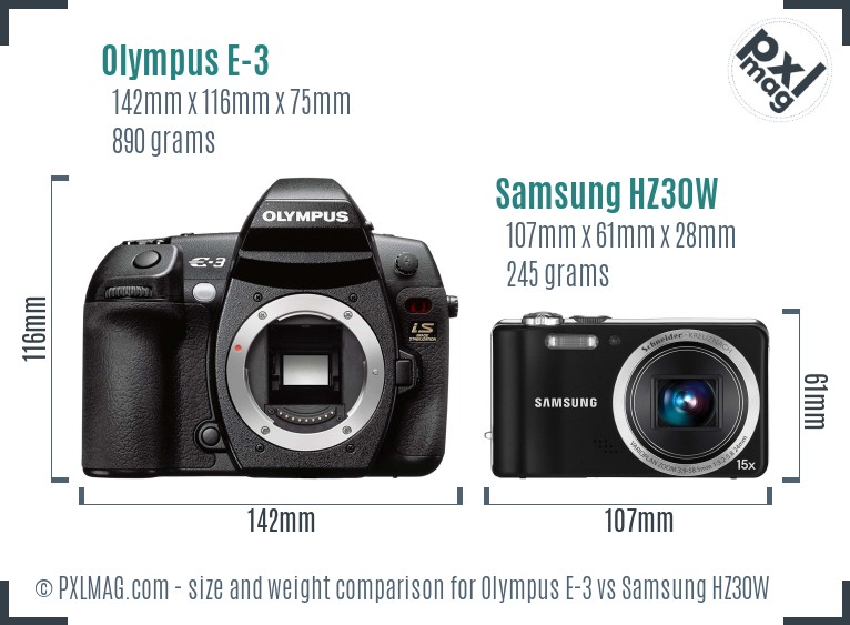 Olympus E-3 vs Samsung HZ30W size comparison Olympus E-3 vs Samsung HZ30W size comparison