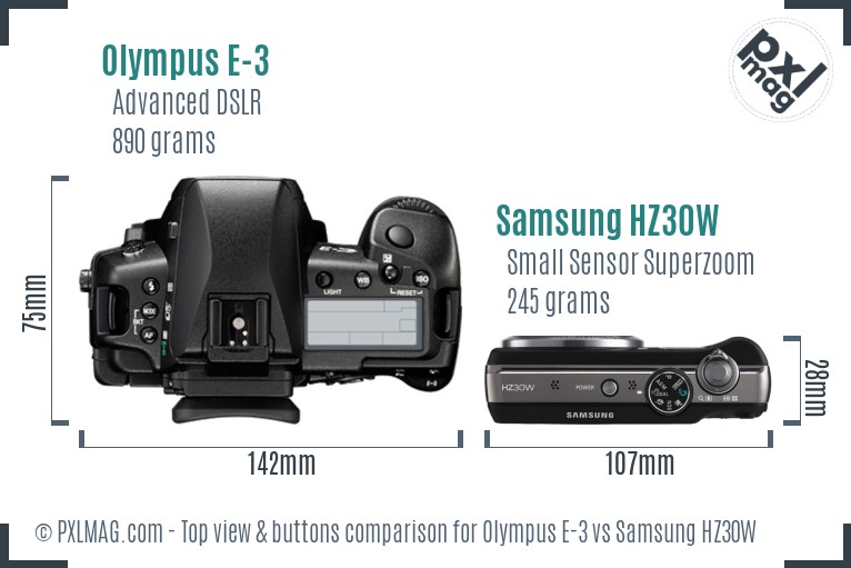 Olympus E-3 vs Samsung HZ30W top view buttons comparison