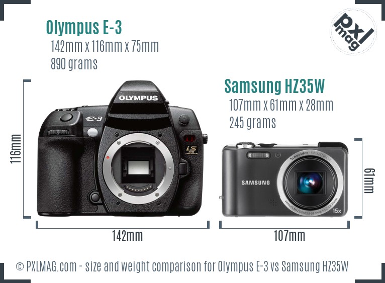 Olympus E-3 vs Samsung HZ35W size comparison
