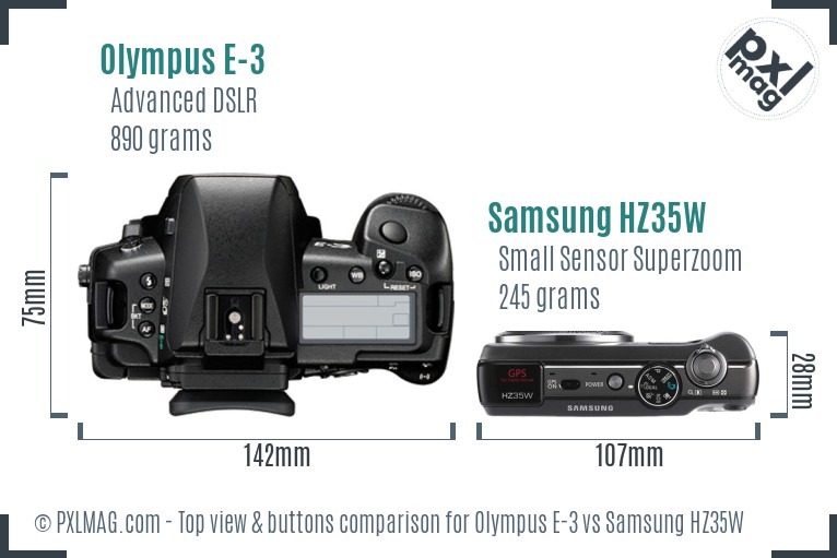 Olympus E-3 vs Samsung HZ35W top view buttons comparison