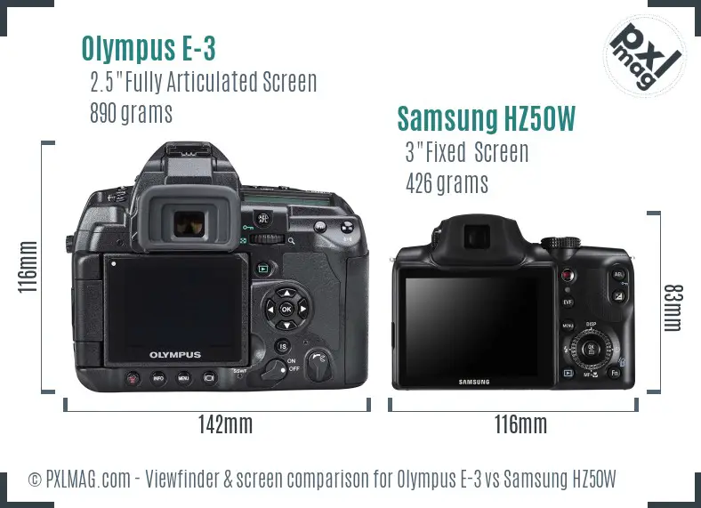 Olympus E-3 vs Samsung HZ50W Screen and Viewfinder comparison