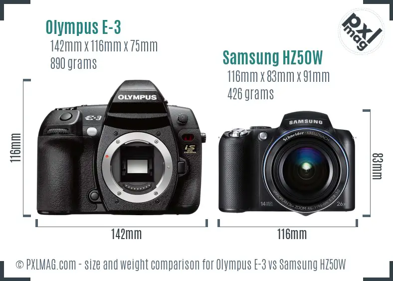 Olympus E-3 vs Samsung HZ50W size comparison