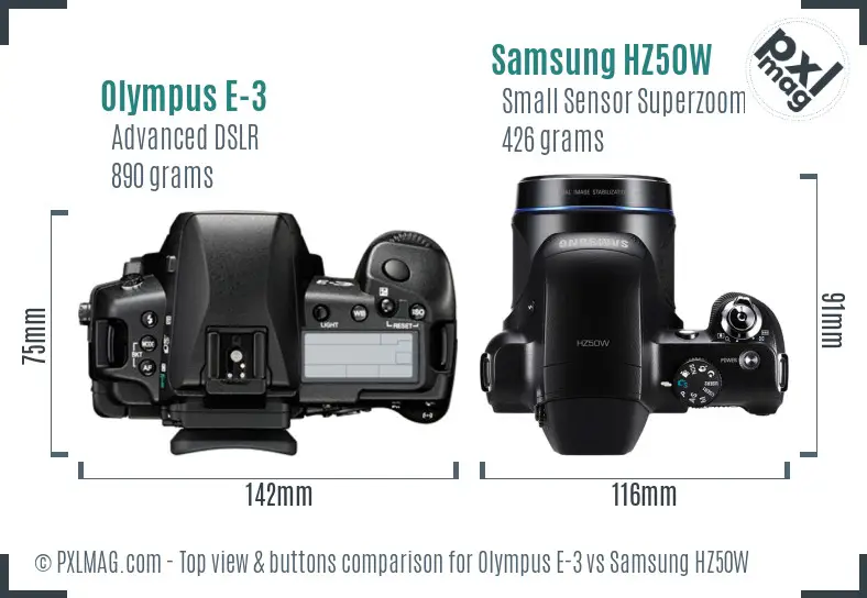 Olympus E-3 vs Samsung HZ50W top view buttons comparison