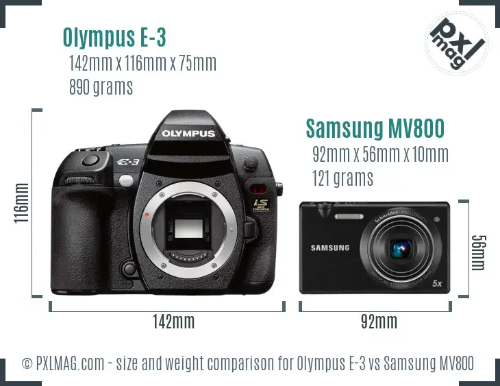 Olympus E-3 vs Samsung MV800 size comparison