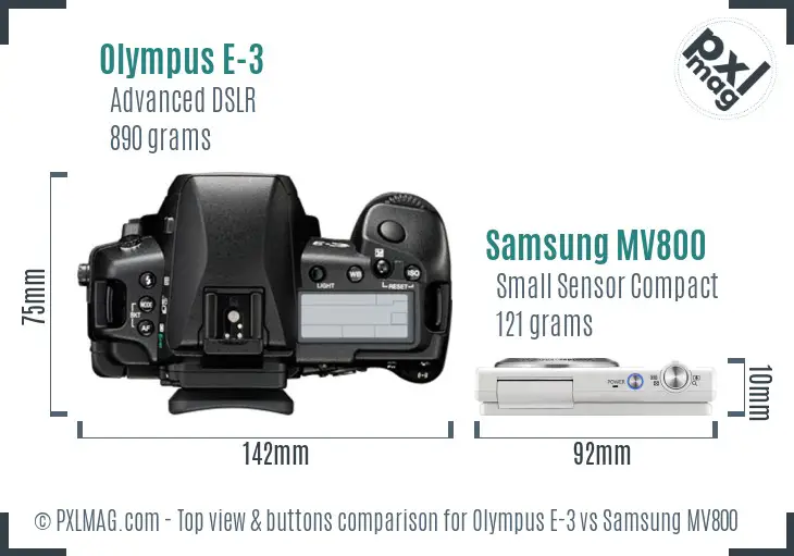 Olympus E-3 vs Samsung MV800 top view buttons comparison