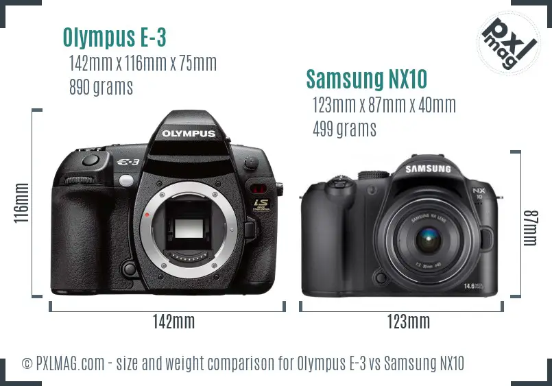 Olympus E-3 vs Samsung NX10 size comparison