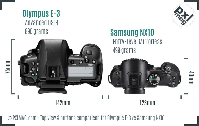 Olympus E-3 vs Samsung NX10 top view buttons comparison