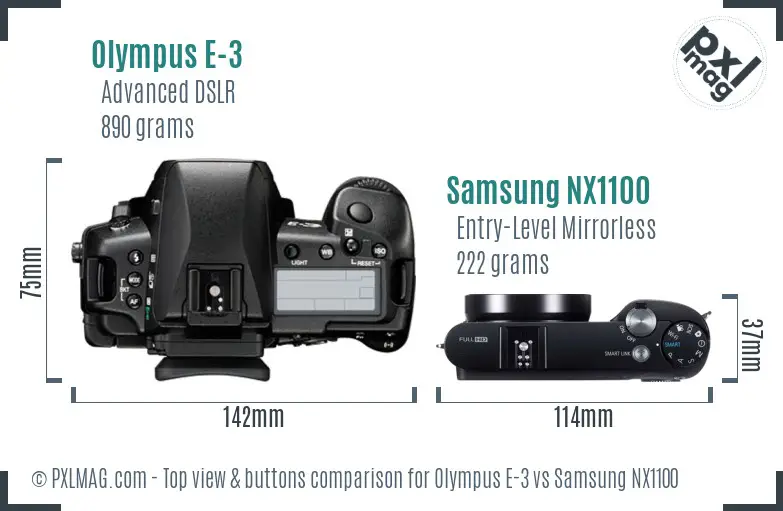 Olympus E-3 vs Samsung NX1100 top view buttons comparison Olympus E-3 vs Samsung NX1100 top view buttons comparison