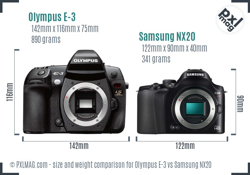 Olympus E-3 vs Samsung NX20 size comparison Olympus E-3 vs Samsung NX20 size comparison