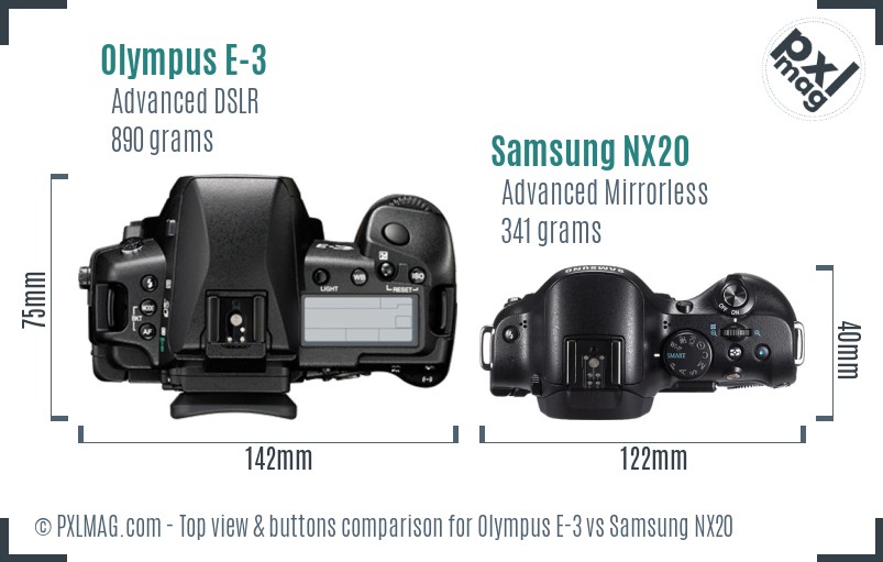 Olympus E-3 vs Samsung NX20 top view buttons comparison