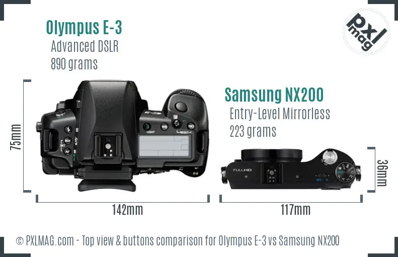 Olympus E-3 vs Samsung NX200 top view buttons comparison Olympus E-3 vs Samsung NX200 top view buttons comparison