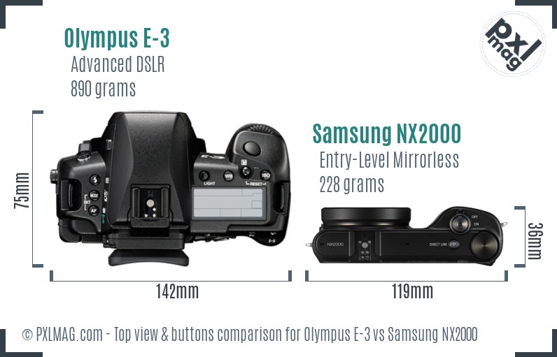 Olympus E-3 vs Samsung NX2000 top view buttons comparison