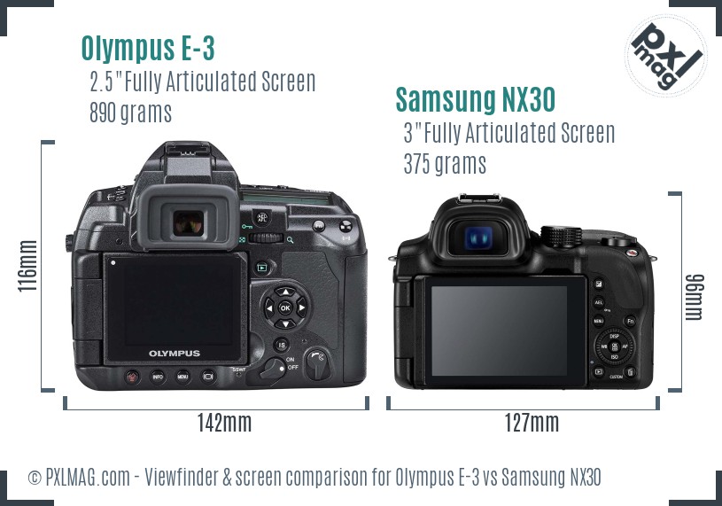 Olympus E-3 vs Samsung NX30 Screen and Viewfinder comparison