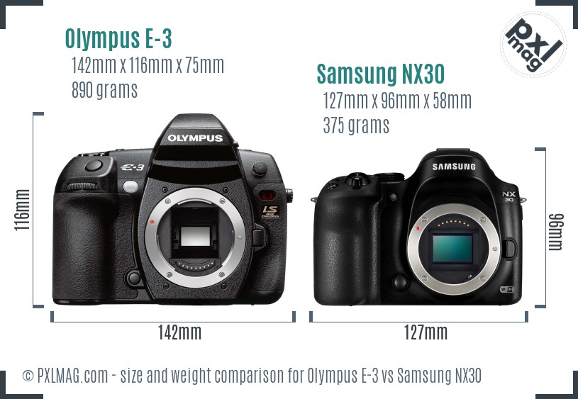 Olympus E-3 vs Samsung NX30 size comparison Olympus E-3 vs Samsung NX30 size comparison