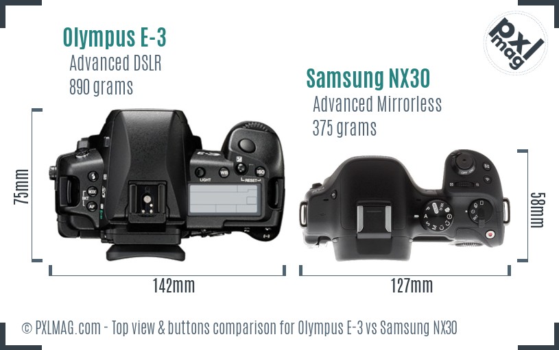 Olympus E-3 vs Samsung NX30 top view buttons comparison