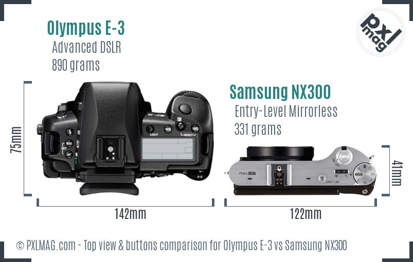 Olympus E-3 vs Samsung NX300 top view buttons comparison