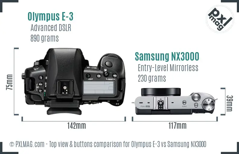 Olympus E-3 vs Samsung NX3000 top view buttons comparison Olympus E-3 vs Samsung NX3000 top view buttons comparison