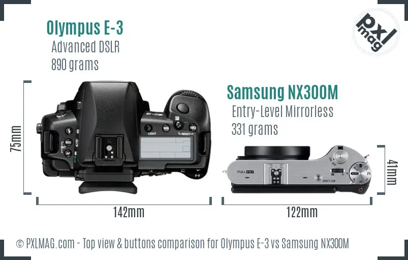 Olympus E-3 vs Samsung NX300M top view buttons comparison Olympus E-3 vs Samsung NX300M top view buttons comparison