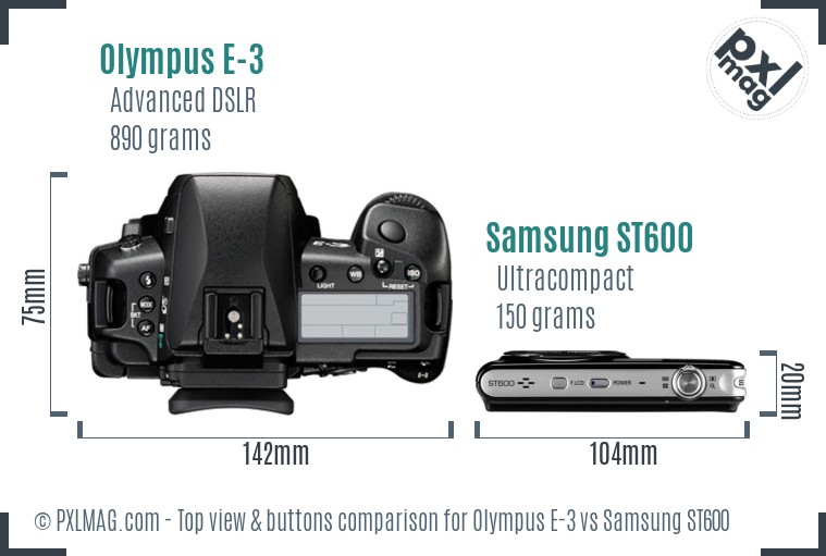 Olympus E-3 vs Samsung ST600 top view buttons comparison