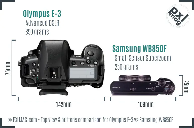 Olympus E-3 vs Samsung WB850F top view buttons comparison Olympus E-3 vs Samsung WB850F top view buttons comparison