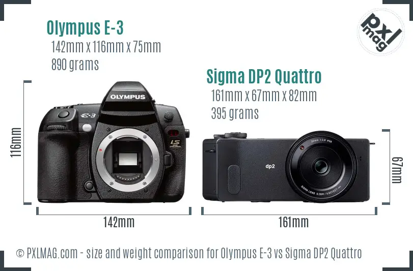 Olympus E-3 vs Sigma DP2 Quattro size comparison