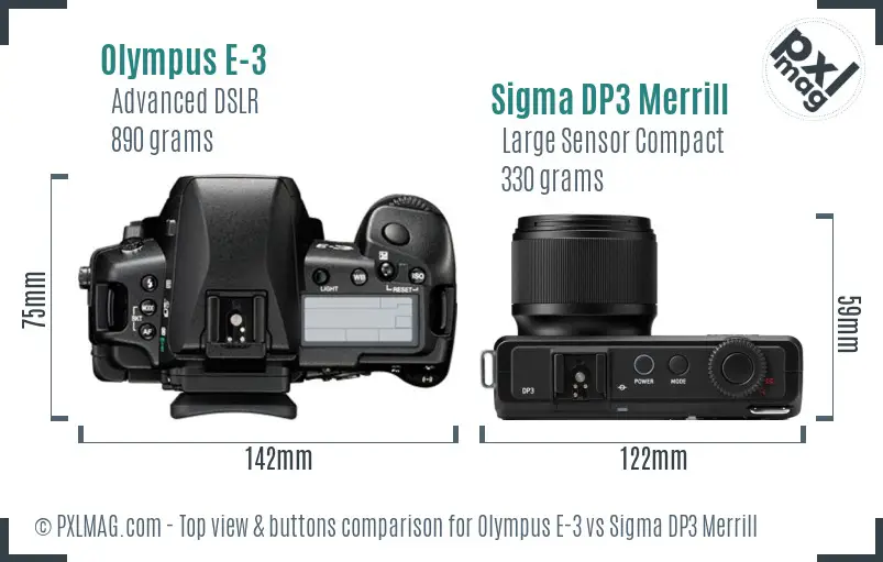 Olympus E-3 vs Sigma DP3 Merrill top view buttons comparison