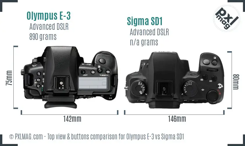 Olympus E-3 vs Sigma SD1 top view buttons comparison