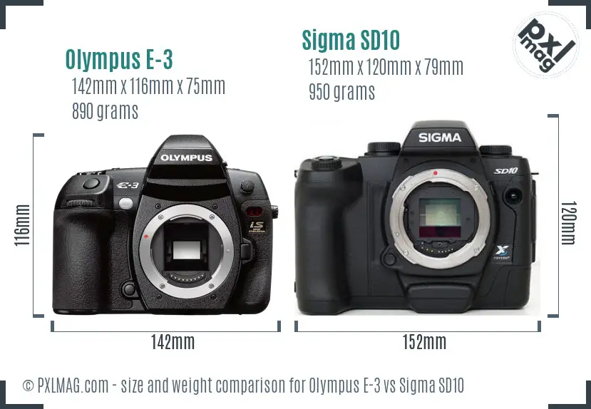 Olympus E-3 vs Sigma SD10 size comparison