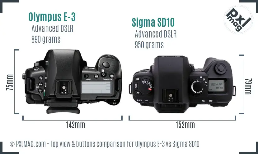 Olympus E-3 vs Sigma SD10 top view buttons comparison
