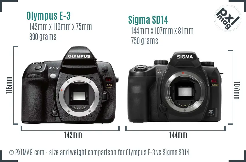 Olympus E-3 vs Sigma SD14 size comparison