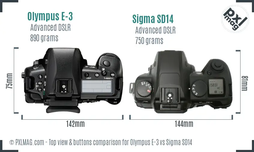 Olympus E-3 vs Sigma SD14 top view buttons comparison