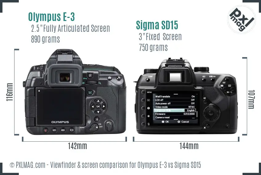 Olympus E-3 vs Sigma SD15 Screen and Viewfinder comparison