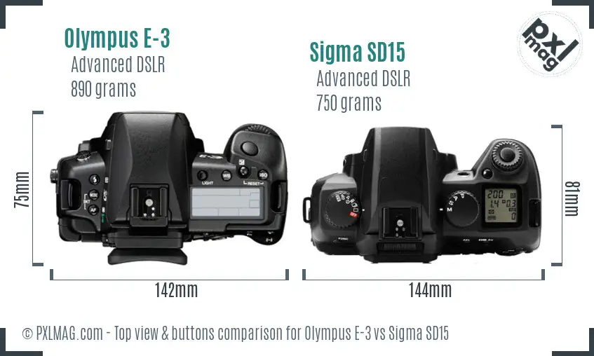 Olympus E-3 vs Sigma SD15 top view buttons comparison