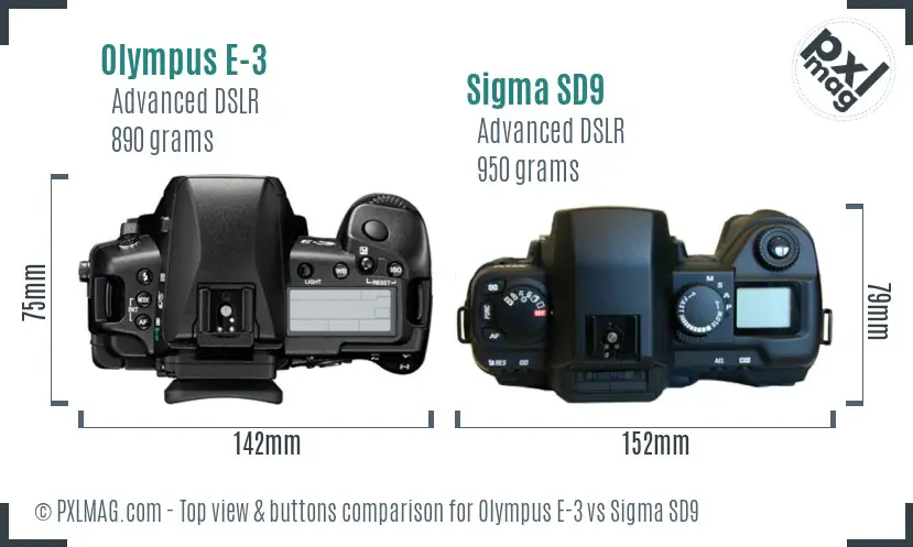 Olympus E-3 vs Sigma SD9 top view buttons comparison